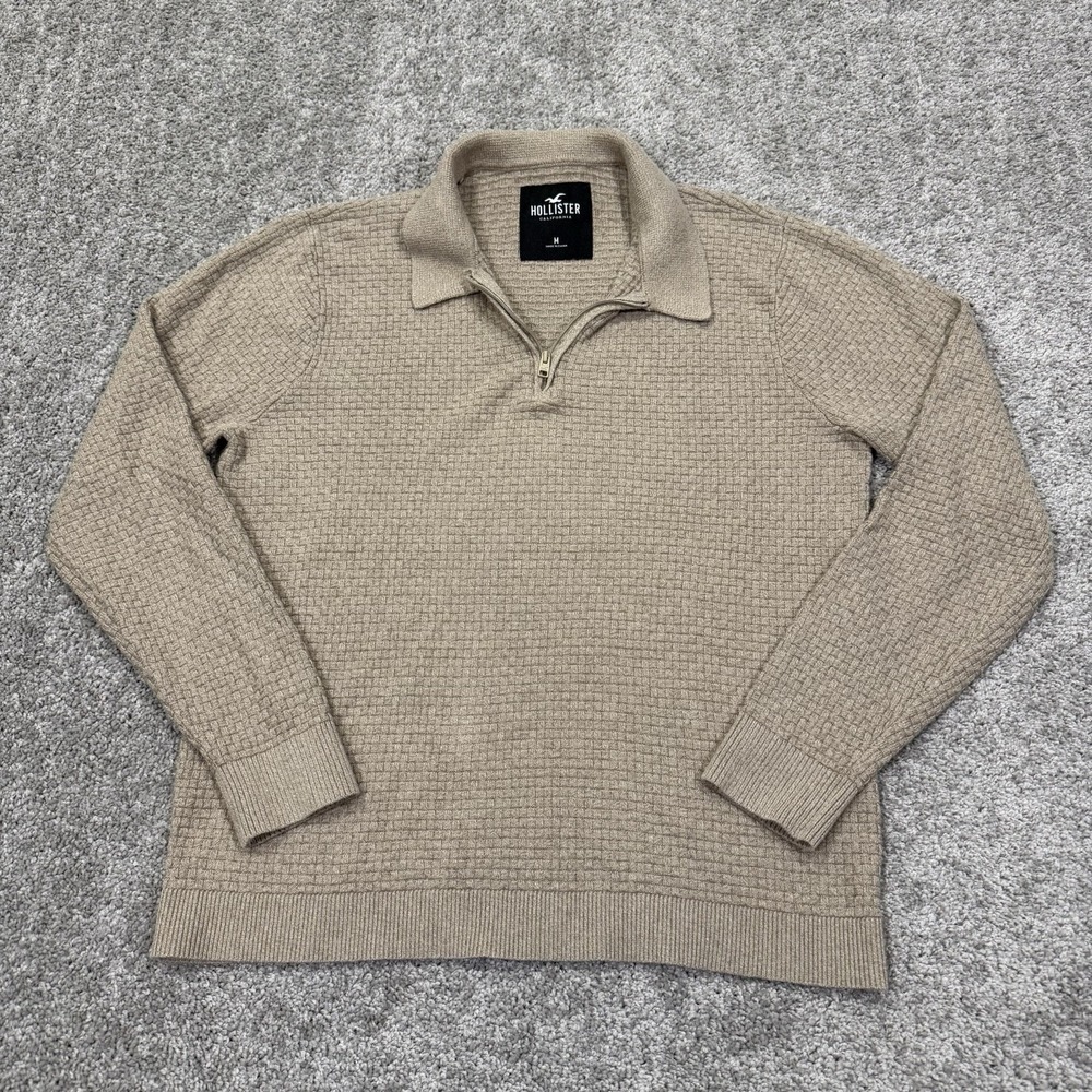 Hollister Waffle Knit Quarter Zip Pullover Brown Sweater Mens Medium Textured